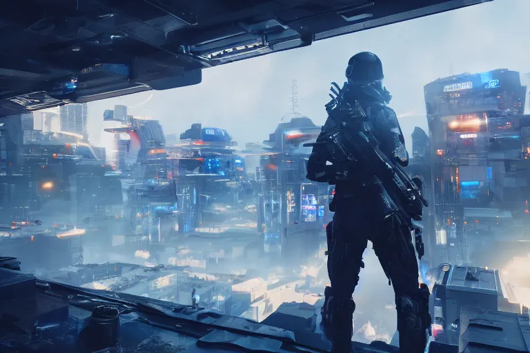 Image similar to first person point of view of a gunner in a futuristic city, cinematic lightning, ray tracing, unreal engine 5, photorealistic, 8 k, uhd, 4 k, call of duty game concept, extremely detailed, beautiful, elegant, intricate, foggy, in - game footage