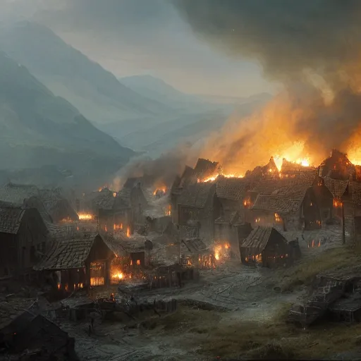 Prompt: a portrait of an village getting burned down by vikings, Matte painting , detailed painting, made by Greg Rutkowski, 4k resolution, atmospheric, extremely high detail