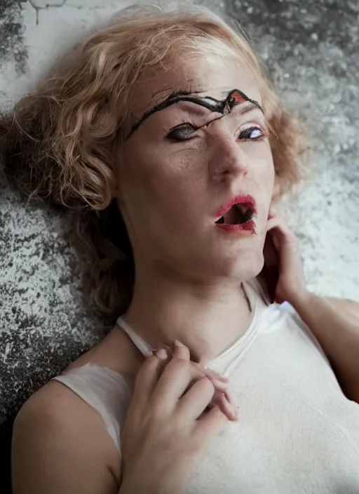 Prompt: movie still of a beautiful woman slumped against a wall unconscious with a alien facehugger on her face, cinematic full shot.