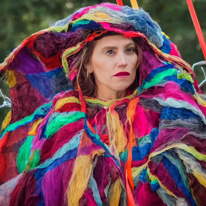 Prompt: a closeup portrait of a woman wearing a cloak made of ribbons, staring at an empty swing playground, claymation,