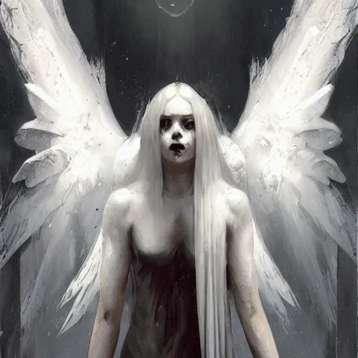 Prompt: in a world of horror, films of all time and a stunning white goth angel is the experience of all members of your family who, and reward players for their success, concept art, artwork by greg rutkowski, trending