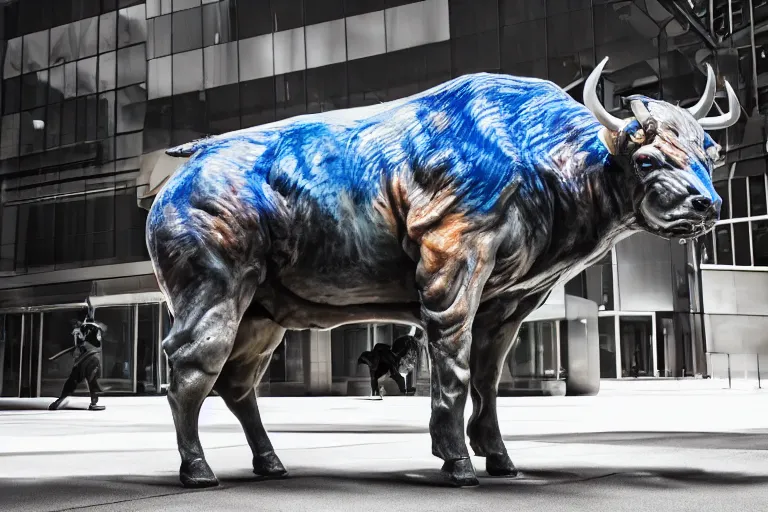 Prompt: cyber bull of Wallstreet (designed by Apple), XF IQ4, 150MP, 50mm, f/1.4, ISO 200, 1/160s, natural light, Adobe Photoshop, Adobe Lightroom, DxO Photolab, Corel PaintShop Pro, rule of thirds, symmetrical balance, depth layering, polarizing filter, Sense of Depth, AI enhanced