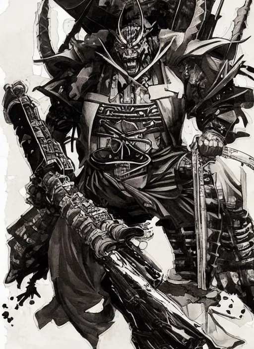 Image similar to a demonic samurai with a rocket launcher, by takehiko inoue and kim jung gi, masterpiece ink illustration