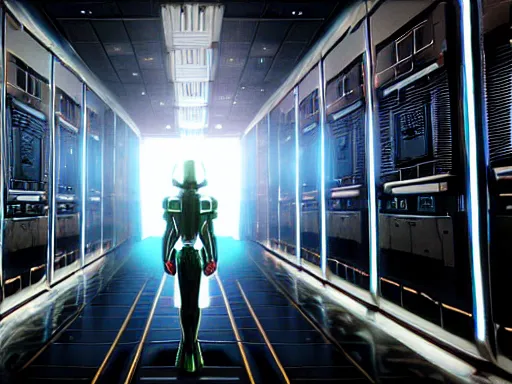 Prompt: symmetrical anthropomorphic android working in sci - fi data center room. cinematic shot from alien isolation