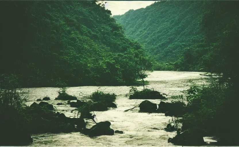 Prompt: vietnam river landscape, 35mm film, analog photography, F/1,4, film light leaks, film artifacts, cinematic light, blurry background, hyperrealistic, 80's, highly detailed