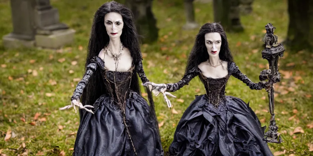 Prompt: photo taken of an epic intricate, ultra detailed, super realistic stop motion puppet of a majestic gracious regal aristocratic brunette female vampires in a graveyard filmset created by weta workshop and tim burton, menacing, wide angle, full body shots, photorealistic, sharp focus, gloomy, extremely cold blueish colour temperature, 3 5 mm, f 1. 4