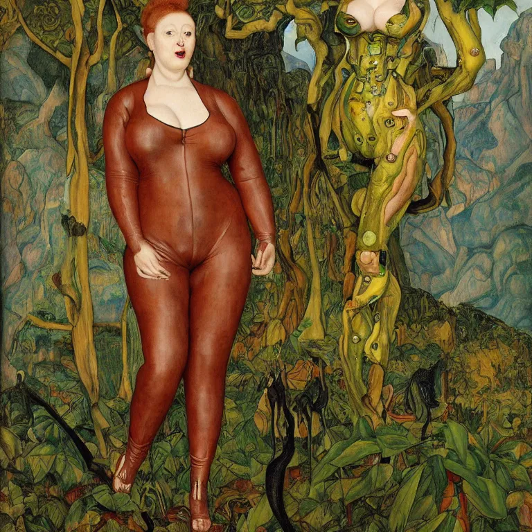 Prompt: a healthy curvy grinning dryad lady wearing a catsuit, who looks like a cybernetic alien stands pround in the middle of a river valley. around her are tropical birds and orchids. painted by jan van eyck, egon schiele and max ernst, trending on artstation, 8 k, award winning, high octane