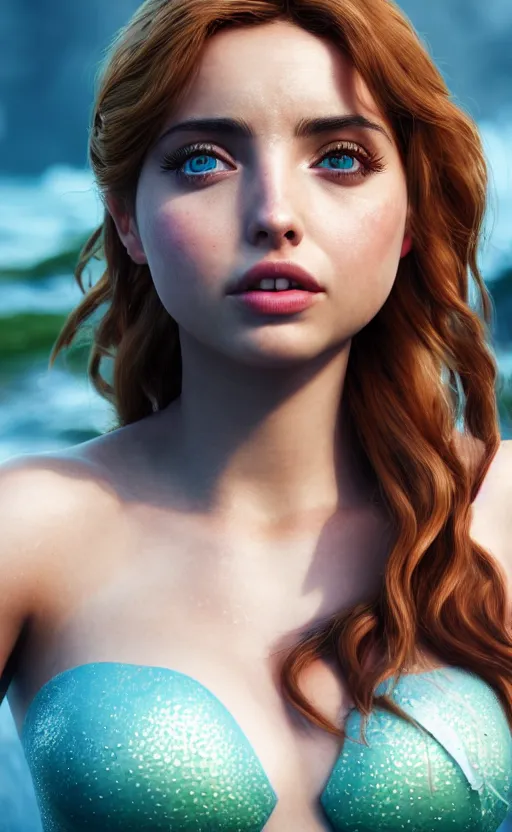 Image similar to ana de armas as ariel from little mermaid disney film, photo realistic, hyperdetailed, 8 k realistic, frostbite 3 engine, cryengine, dof, trending on artstation, digital art