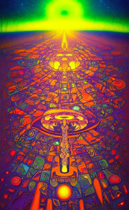 Prompt: An extremely psychedelic aerial view of black rock city at night, colorful, surreal, dramatic lighting, magic mushrooms, psilocybin, LSD, face, detailed, intricate, elegant, highly detailed, digital painting, artstation, concept art, smooth, sharp focus, illustration, art by Krenz Cushart and Artem Demura and alphonse mucha