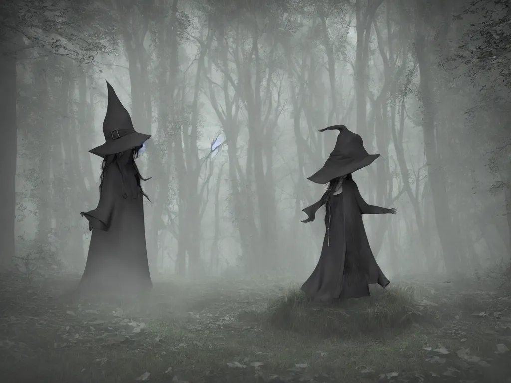 Image similar to cute gothic fumo plush witch girl ventures deep into the forbidden forest, black and white, ancient pagan monument summoning circle, volumetric fog and smoke, the bog of dark abyss, vray