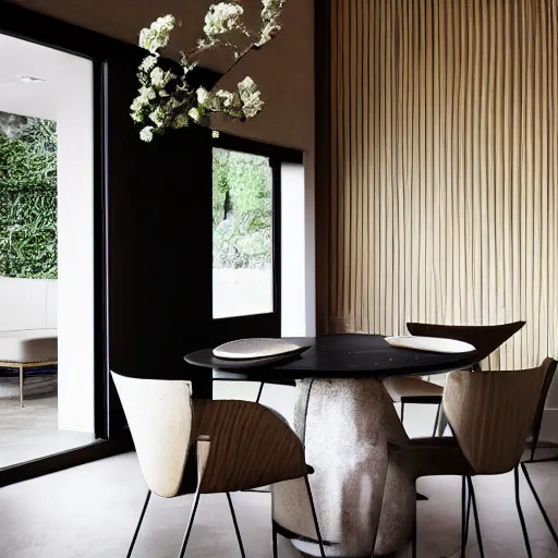 Image similar to lounge and dining room, stone, interior design, stylish luxury hotel living room design, yakisugi, black vertical slatted timber, textures, feminine, black walls, art, Japanese pottery vase with flowers, kakejiku, seasonal, Japanese influences