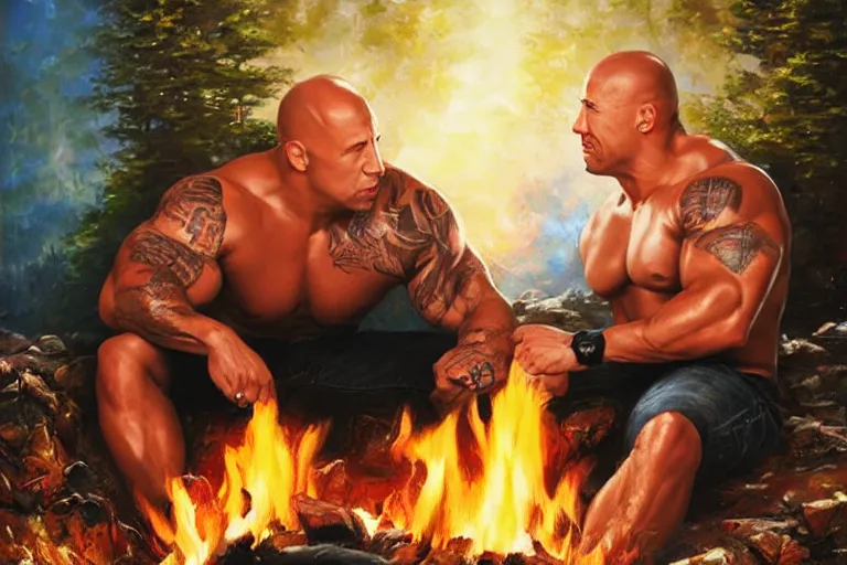 Prompt: portrait of vin diesel and dwayne the rock johnson cuddling next to a fire, an oil painting by ross tran and thomas kincade