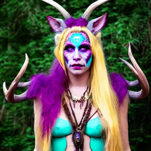 Image similar to tiefling druid with deer antlers growing out of their head blonde hair and large tribal jewelry and face paint, purple, mint, teal, orange, pink, green, red