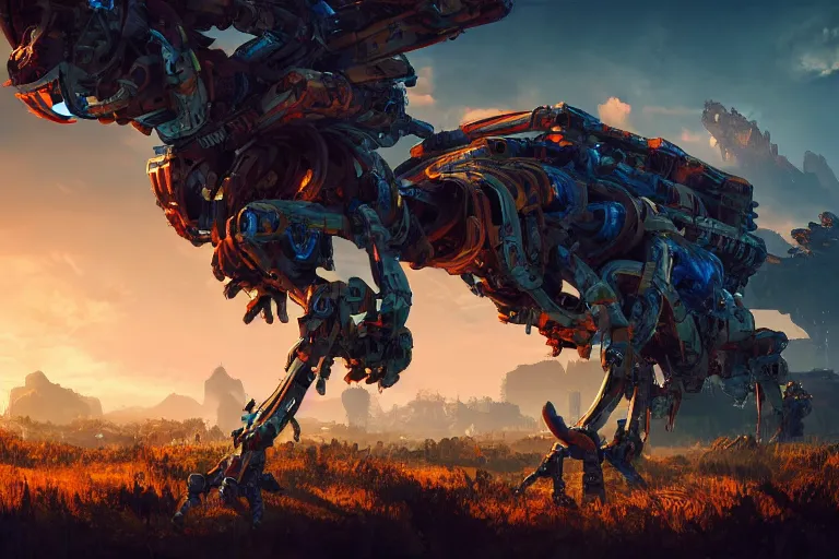 Image similar to thunderjaw machine mecanical creature robot of horizon forbidden west horizon zero dawn radiating a glowing aura global illumination ray tracing hdr fanart arstation by ian pesty and alena aenami artworks in 4 k