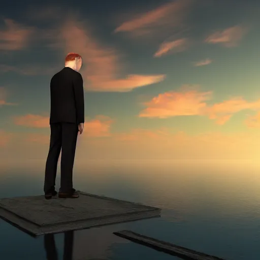 Image similar to sad businessman on empty island, beautiful sky, rendered in bryce3d, bryce, 3d