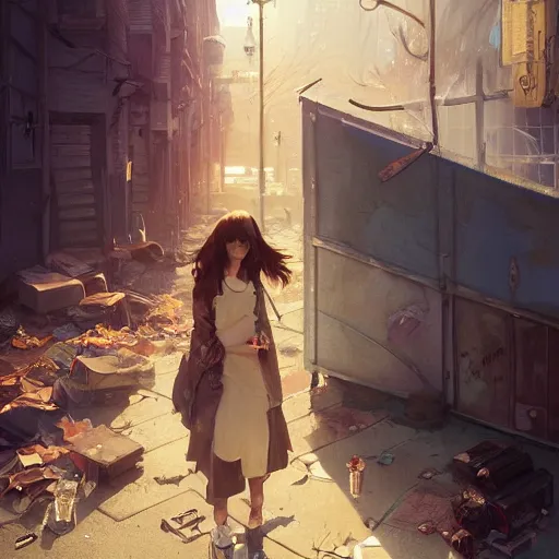 Prompt: Highly detailed full-body portrait of homeless Cristin Milioti, fantasy art by Greg Rutkowski, palms on ground, Loish, Rhads, Makoto Shinkai and Lois van baarle, ilya kuvshinov, rossdraws global illumination, radiant light, detailed and intricate environment