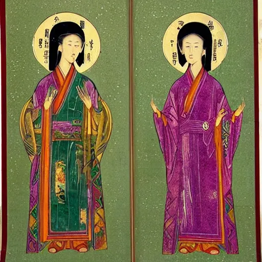 Prompt: portrait of 2 different asian looking girls looking at each other in iconography style theophanes the greek glitter chinese ornament dress - n 9