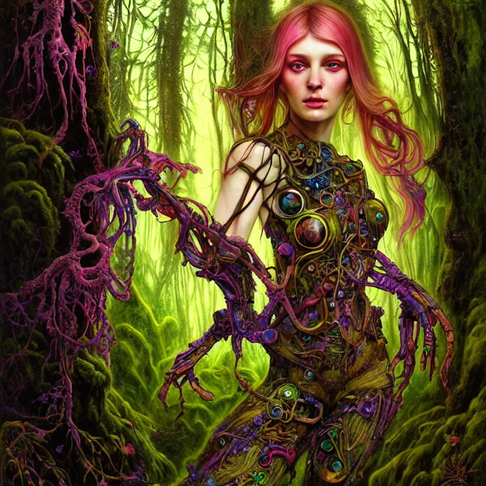 Image similar to bright psychedelic portrait of organic cyborg covered in moss in an ancient forest, diffuse lighting, fantasy, intricate, elegant, highly detailed, lifelike, photorealistic, digital painting, artstation, illustration, concept art, smooth, sharp focus, art by John Collier and Albert Aublet and Krenz Cushart and Artem Demura and Alphonse Mucha