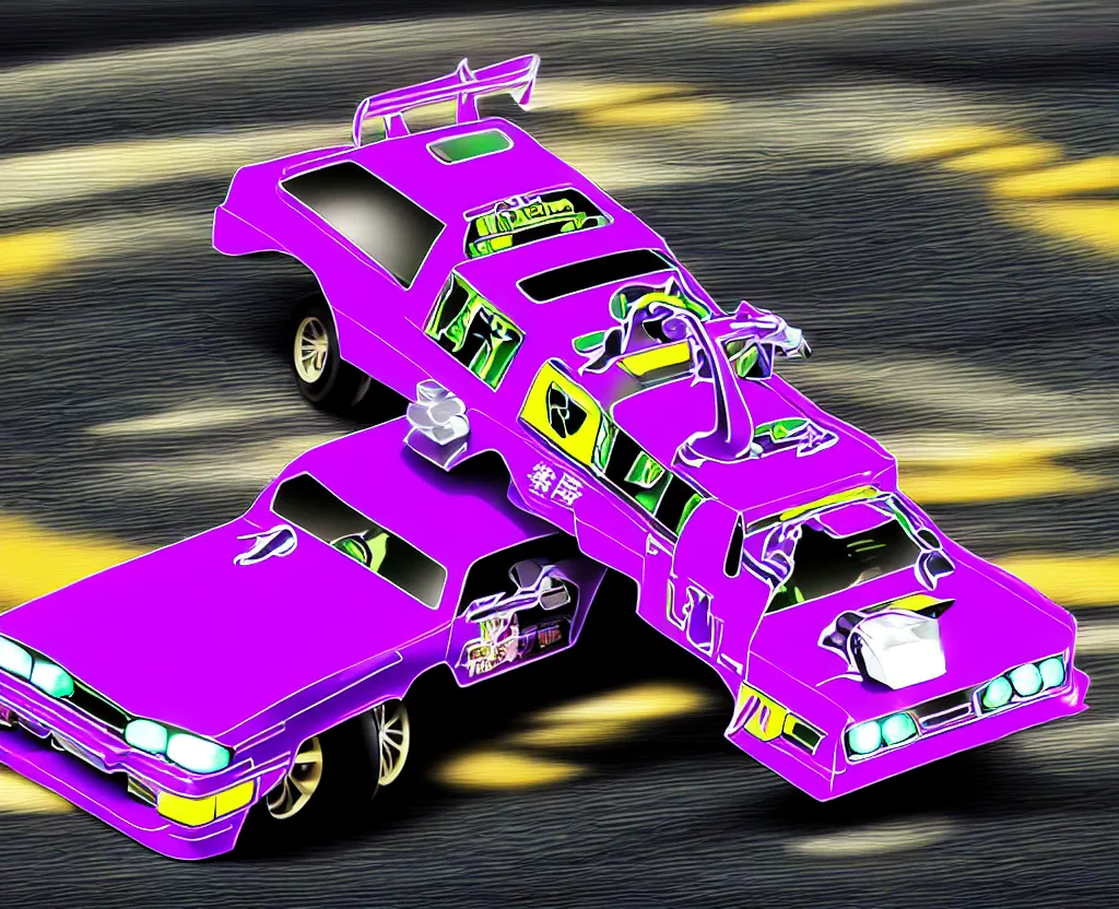 Image similar to anthropomorphic JZX100 twin turbo drift jet engine monster truck drag racer cowboy Cadillac hover-car UFO with cowboy snake facial features speeding in the road, Tokyo prefecture, Japanese architecture, city sunset mist lights, cinematic lighting, photorealistic, detailed alloy wheels, highly detailed purple green snake oil wacky races power ranger bat-mobile transformer car