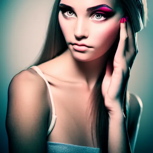 Prompt: professional studio portrait of a very beautiful young woman with gorgeous eyes, high cheek bones, flowing hair, lens flare, glow filter, dramatic lighting, cinematic, 5 0 mm f 1. 4 fuji 4 0 0 h