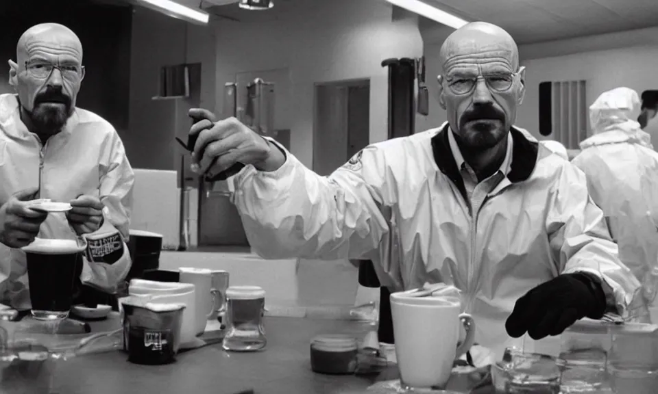 Image similar to 3 5 mm film still, walter white having a coffee break in space