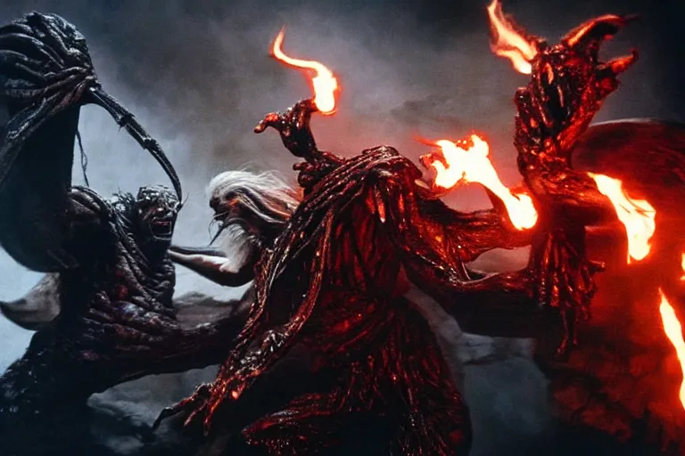 Image similar to movie still, balrog fighting gandalf at the bridge of khazad - dum, style of h. r. giger, fiery, dark, realistic movie still, cinematic, cgi,