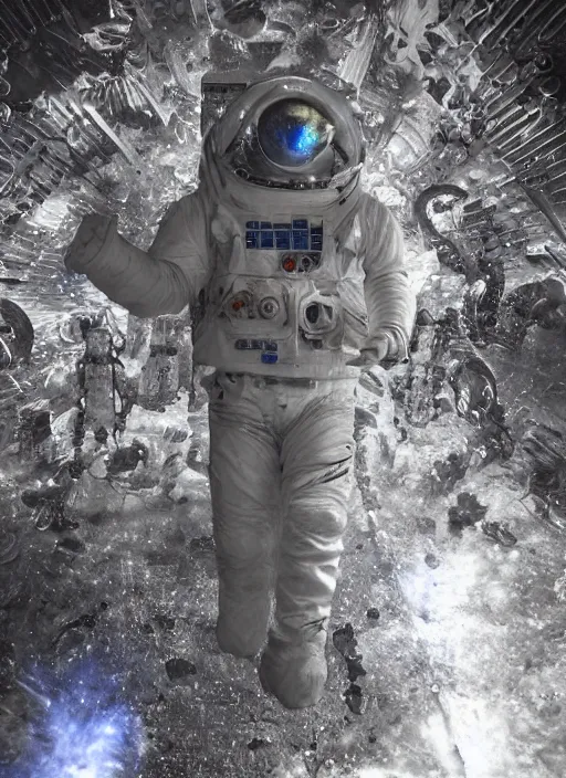 Image similar to concept art by craig mullins infrared complex and hyperdetailed technical astronaut dancing in futuristic dark and empty mirrored room underwater. reflection and dispersion materials. mandelbulb fractal. rays and dispersion of light. volumetric light. 5 0 mm, f / 3 2. noise film photo. flash photography. unreal engine 4, octane render. interstellar movie art