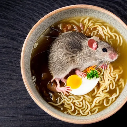 Prompt: rat in japanese ramen bowl, michelin star restaurant, award winning photo, food photography, 8 k