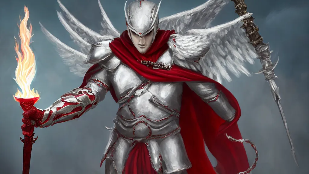 Prompt: male angel holding a flame sword, white metallic armor, red cape, detailed arms, intricate white armor, two arms, two legs, detailed fanart, rpg art, d&d art, macro art, digital art, DeviantArt, artstation, 8k HD