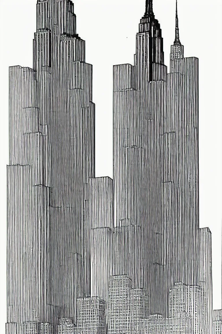 Prompt: technical drawings for the Empire State Building, front view
