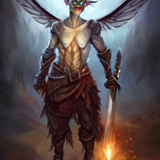 Image similar to goblin with angel wings, wings have knives instead of feathers, sword in hard, realistic, cinematic, night time,