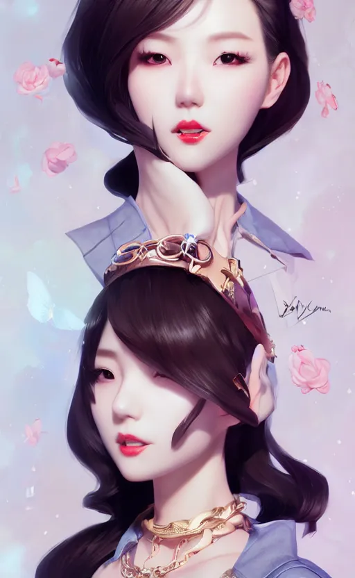 Image similar to a pin up and beautiful fashion charming dreamlke korea girl with lv jewelry, character art, art by artgerm lau and kyoung hwan kim and and ilya kuvshinov and john singer sargent, hyperdetailed, 8 k realistic, symmetrical, frostbite 3 engine, cryengine, dof, trending on artstation, digital art