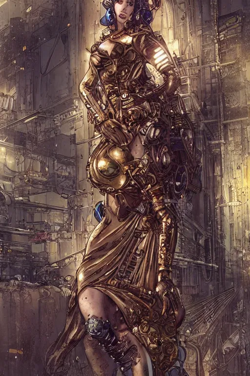 Prompt: brass semi - mechanical woman, portrait, floral art novuea dress, art by ardian syaf and moebius, in steampunk cyberpunk cityscape