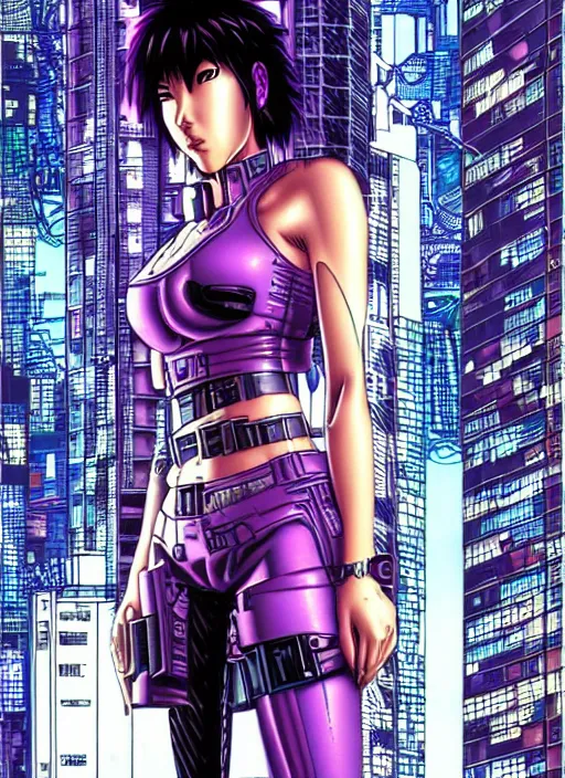 Image similar to motoko kusanagi in grungy cyberpunk megacity, intricate and finely detailed, cyberpunk vaporwave, portrait by j scott campbell