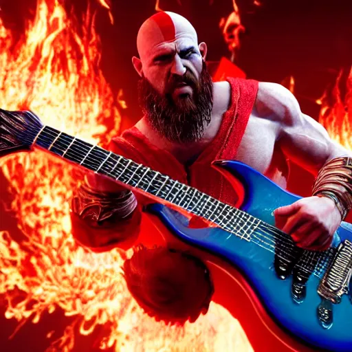 Image similar to kratos shredding on a flaming stratocaster guitar, cinematic render, god of war 2 0 1 8, santa monica studio official media, lightning, spartan rage, head turned