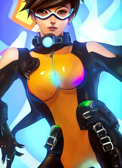 Image similar to full body digital artwork of tracer overwatch, wearing black iridescent rainbow latex swimsuit, 4 k, expressive happy smug expression, makeup, in style of mark arian, wearing detailed black leather collar, wearing chains, black leather harness, leather cuffs around wrists, detailed face and eyes,