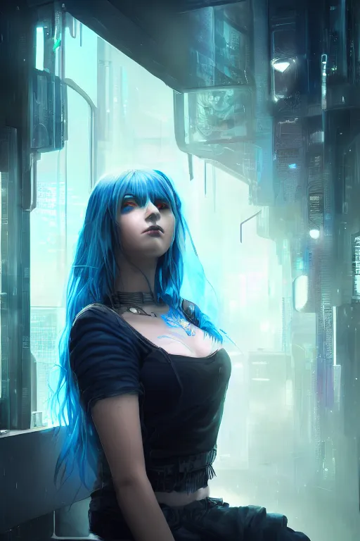 Prompt: A cyberpunk programmer girl with blue hair, depressed, works with AI, feels helpless, deep blues of AI tech office, cinematic lighting, hyper-detailed, cgsociety, 8k, high resolution, in the style of Charlie Bowater, Tom Bagshaw, Alexis Franklin, Elena Masci, Pawel Rebisz