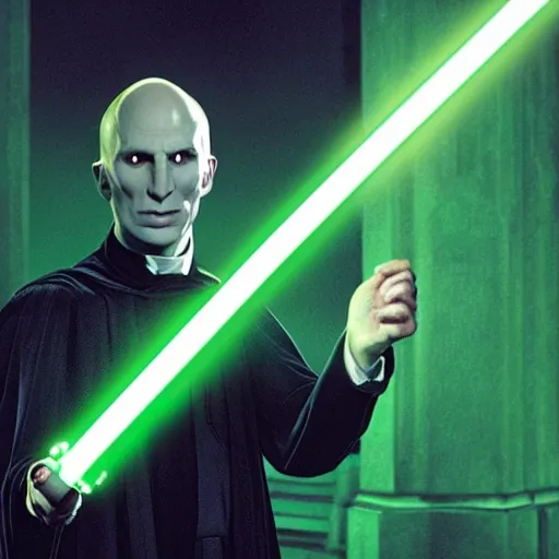 Prompt: voldemort with a green lightsaber