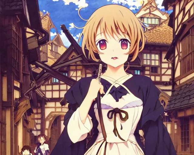 Image similar to kyoani, key anime visual portrait of a young female witch walking through a busy medieval village, dynamic pose, dynamic perspective, cinematic, dramatic lighting, muted colors, detailed silhouette, textured, anime proportions, alphonse mucha, perfect anime, yoh yoshinari, takashi murakami