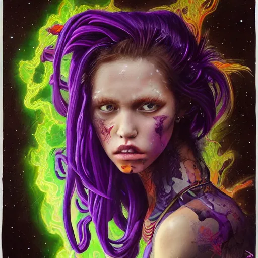 Image similar to detailed photo portrait of a furious teen girl with thin, hair-like purple tentacles on her head and bright purple eyes, 8k,by tristan eaton, Stanley Artgermm,Tom Bagshaw,Greg Rutkowski,Carne Griffiths,trending on DeviantArt, face enhance,hyper detailed ,full of colour, dramatic lightning