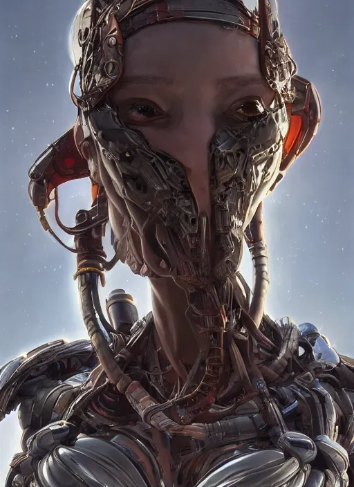 Image similar to asymmetrical!! portrait of an alien with large tubes in face in the style of, machine face, intricate, elegant, highly detailed, digital painting, artstation, concept art, smooth, sharp focus, illustration, art by artgerm and greg rutkowski and alphonse mucha, horizon zero dawn 8 k