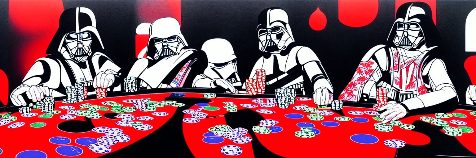 Image similar to hyperrealism composition of the detailed woman in a japanese kimono sitting at an extremely detailed poker table with darth vader and stormtrooper, fireworks on the background, pop - art style, jacky tsai style, andy warhol style, acrylic on canvas