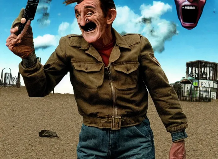 Prompt: barry chuckle conquering the wasteland, artwork by richard corben, 3 d, high resolution 8 k