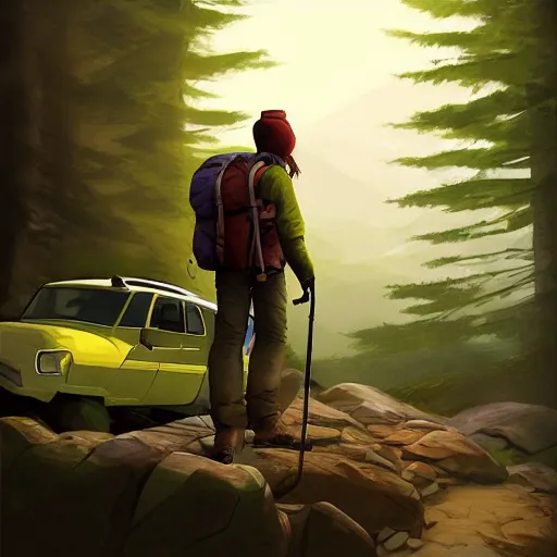 Image similar to hiker unloading the car before camping, by etienne hebinger, cgsociety, fantasy art, 2 d game art