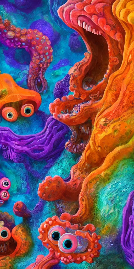 Image similar to of a colorful deep sea cave with strange cute friendly happy creatures with huge eyes, mouth, long tongue and round teeth appearing from sandy coral, in the style of gehry and gaudi, macro lens, shallow depth of field, ultra detailed, digital painting, trending artstation, concept art, illustration, cinematic lighting, photorealism, epic, octane render