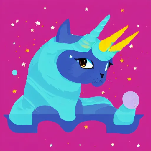 Image similar to a simplified vector based illustration about a very cuteunicorn cat, style of Akira motion movie, space colors, smooth and clean vector curves, no jagged lines, vinyl cut ready