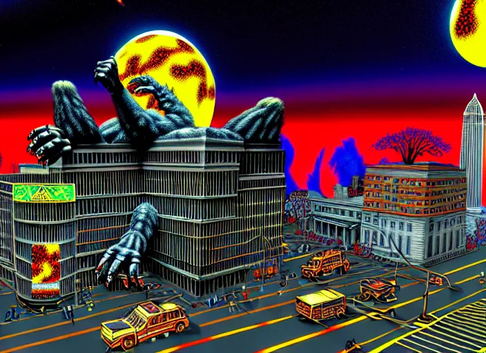 Image similar to maximalist 3 d render of giant bigfoot destroying washington dc, debris and fire, collapsed buildings, monster, hyperdetailed against a psychedelic surreal background in the style of 1 9 9 0's cg graphics against the cloudy night sky, lsd dream emulator psx, 3 d rendered y 2 k aesthetic by ichiro tanida, 3 do magazine, wide shot