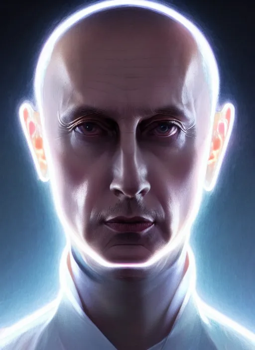 Prompt: symmetry portrait of a person who looks like vladimir putin, sci - fi, tech wear, glowing lights intricate, elegant, highly detailed, digital painting, artstation, concept art, smooth, sharp focus, illustration, art by artgerm and greg rutkowski and alphonse mucha