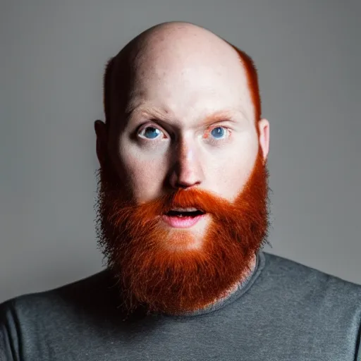 Image similar to portrait of a 26 year old bald white man with a red beard, acting headshot