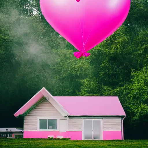 Prompt: a 5 0 mm lens photograph of a cute pink floating modern house, floating in the air between clouds, inspired by the movie up, held up from above by heartshaped ballons. mist, playful composition canon, nikon, award winning, photo of the year